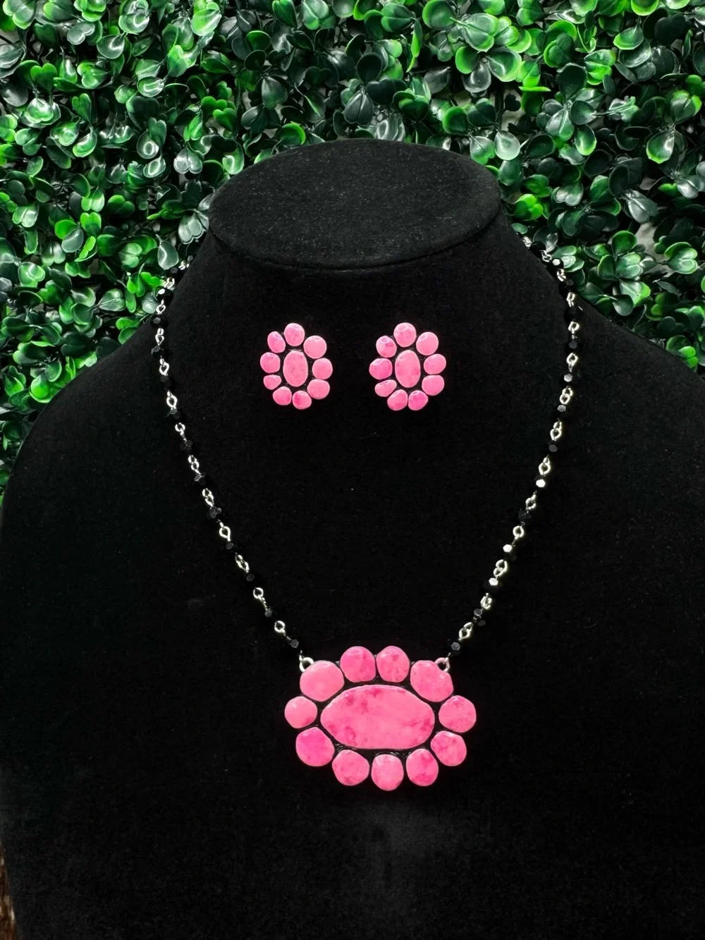 Clay Pink Stone Floral Pendant Necklace with Matching Earrings - Women Jewelry